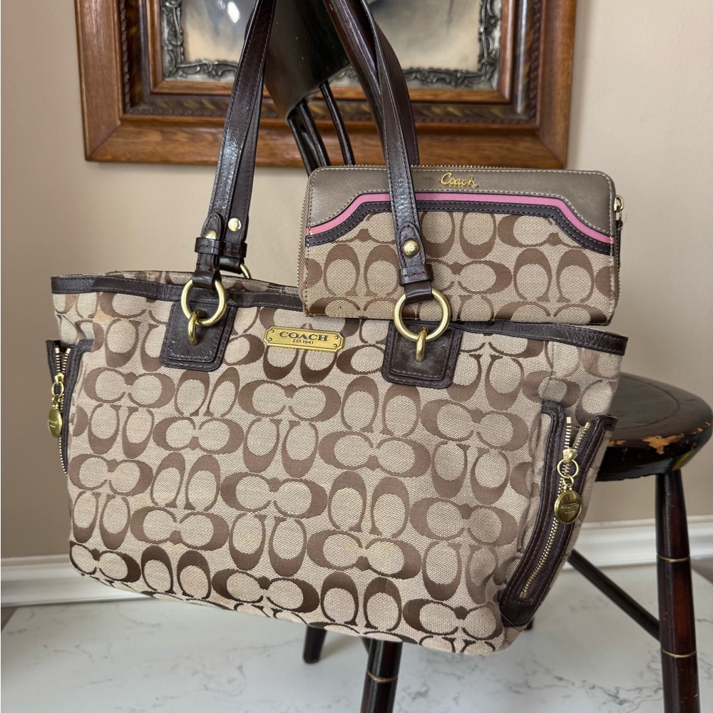 Coach Tan and Brown Signature Tote with Wallet